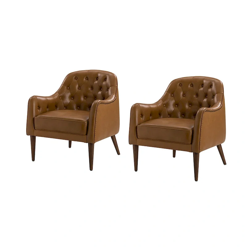Melisa Classic Genuine Leather Wood Legs Barrel Chair With Tufted Back Set Of 2 By HULALA HOME
