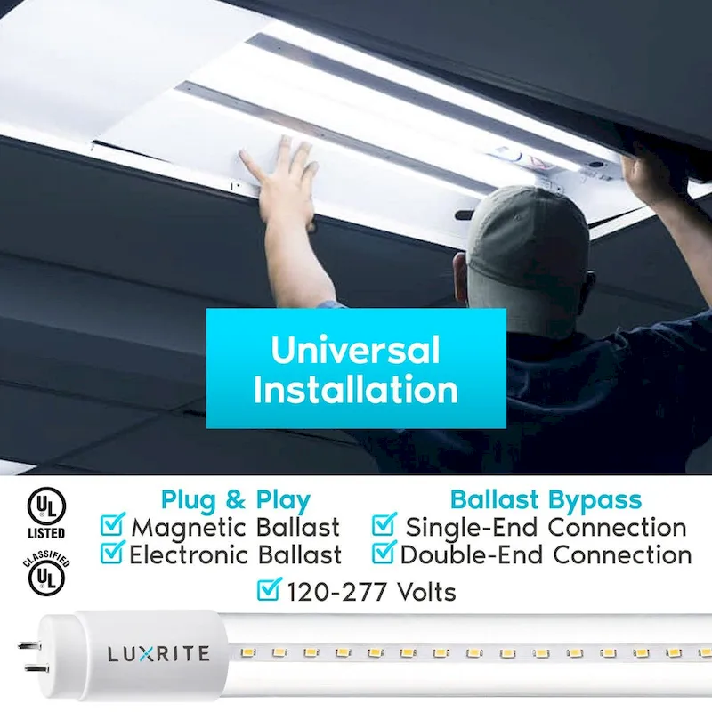 Luxrite 4FT T8 LED Tube Light, Ballast and Ballast Bypass Compatible, 13W=32W, Single-End or Double-End Powered (4 Pack)