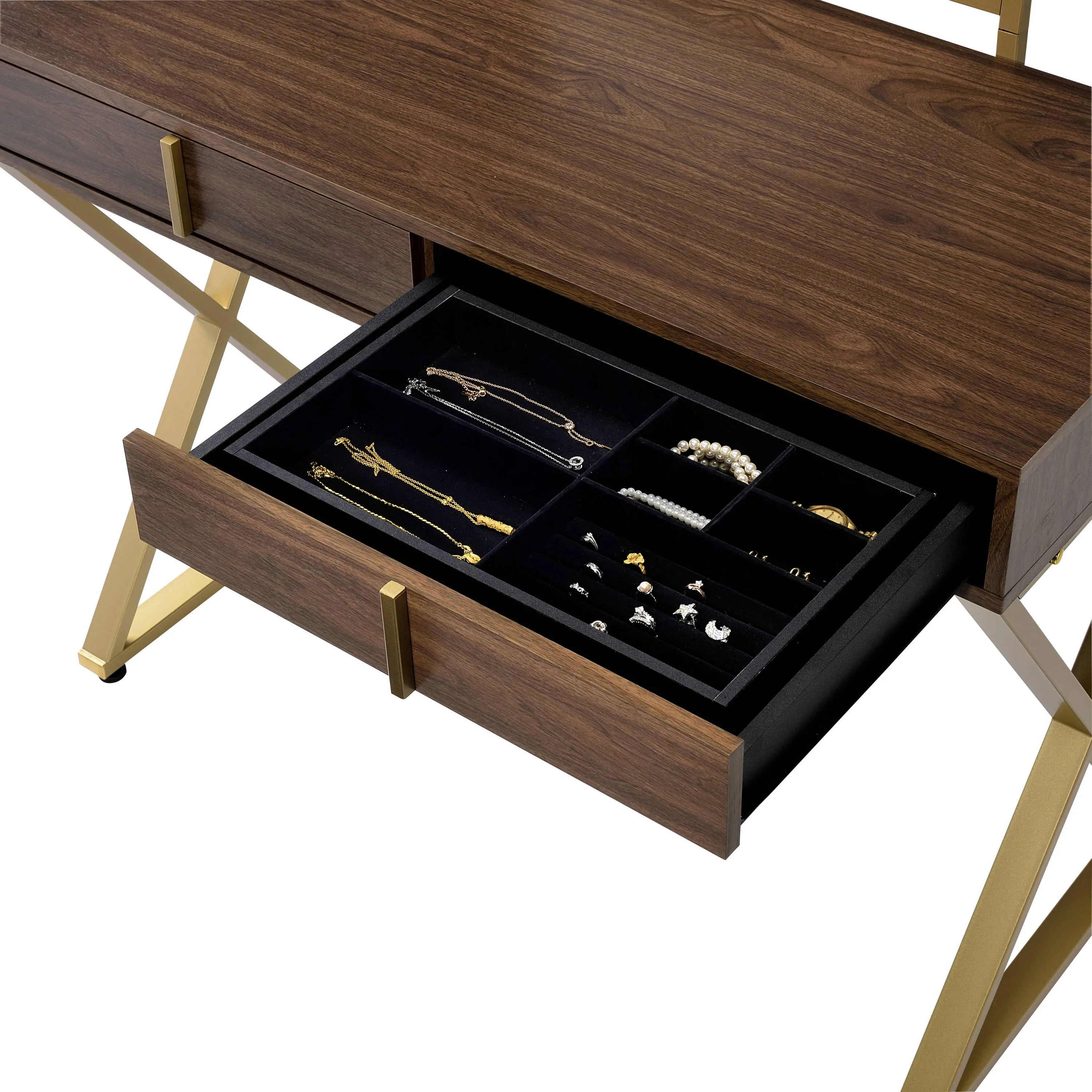 Walker Edison | Modern Walnut and Gold Finish Vanity Desk with Mirror and Jewelry Tray