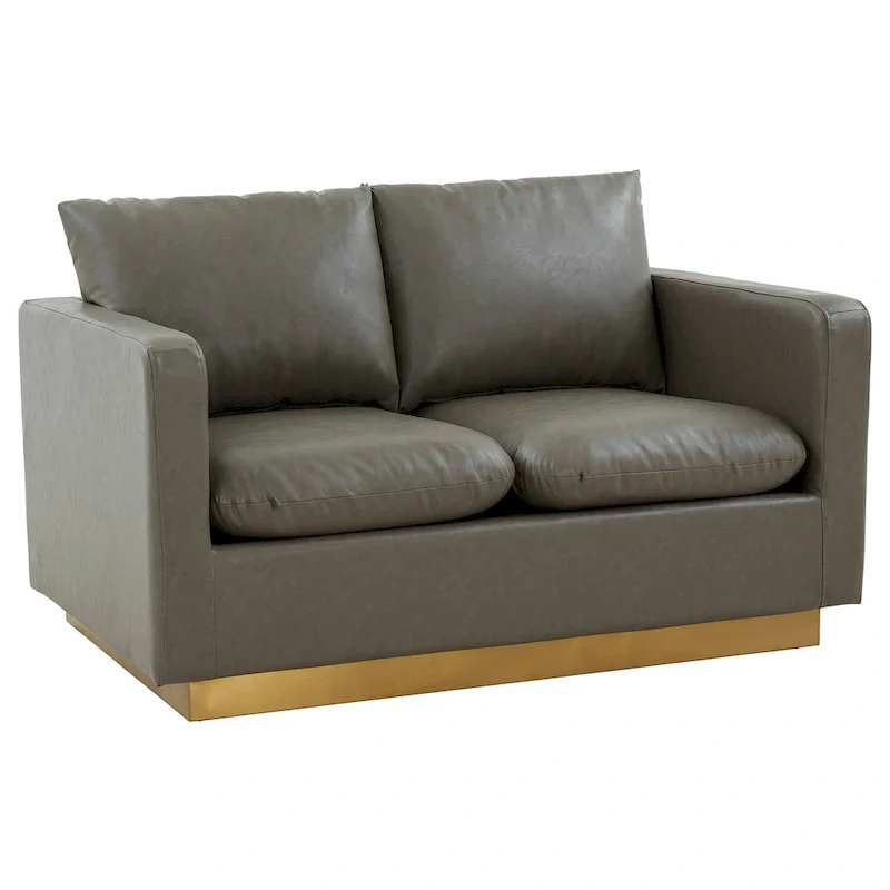 LeisureMod Nervo Modern Leather Loveseat With Gold Base & Cushions - 55.9