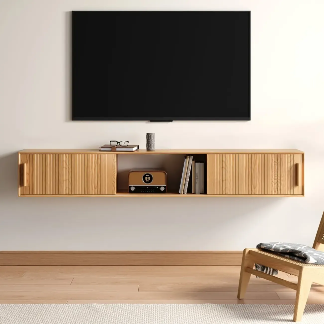 Natural Floating Wood Fluted TV Stand with Storage