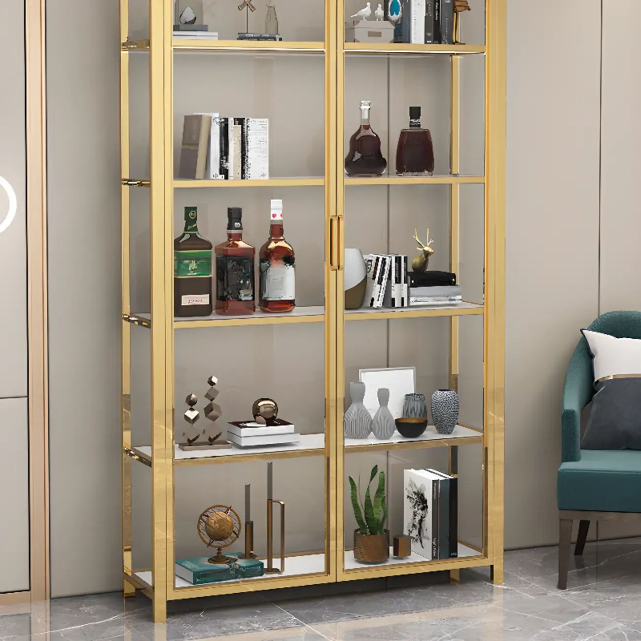 Freestanding Gold Glass Display Cabinet with LED Lights