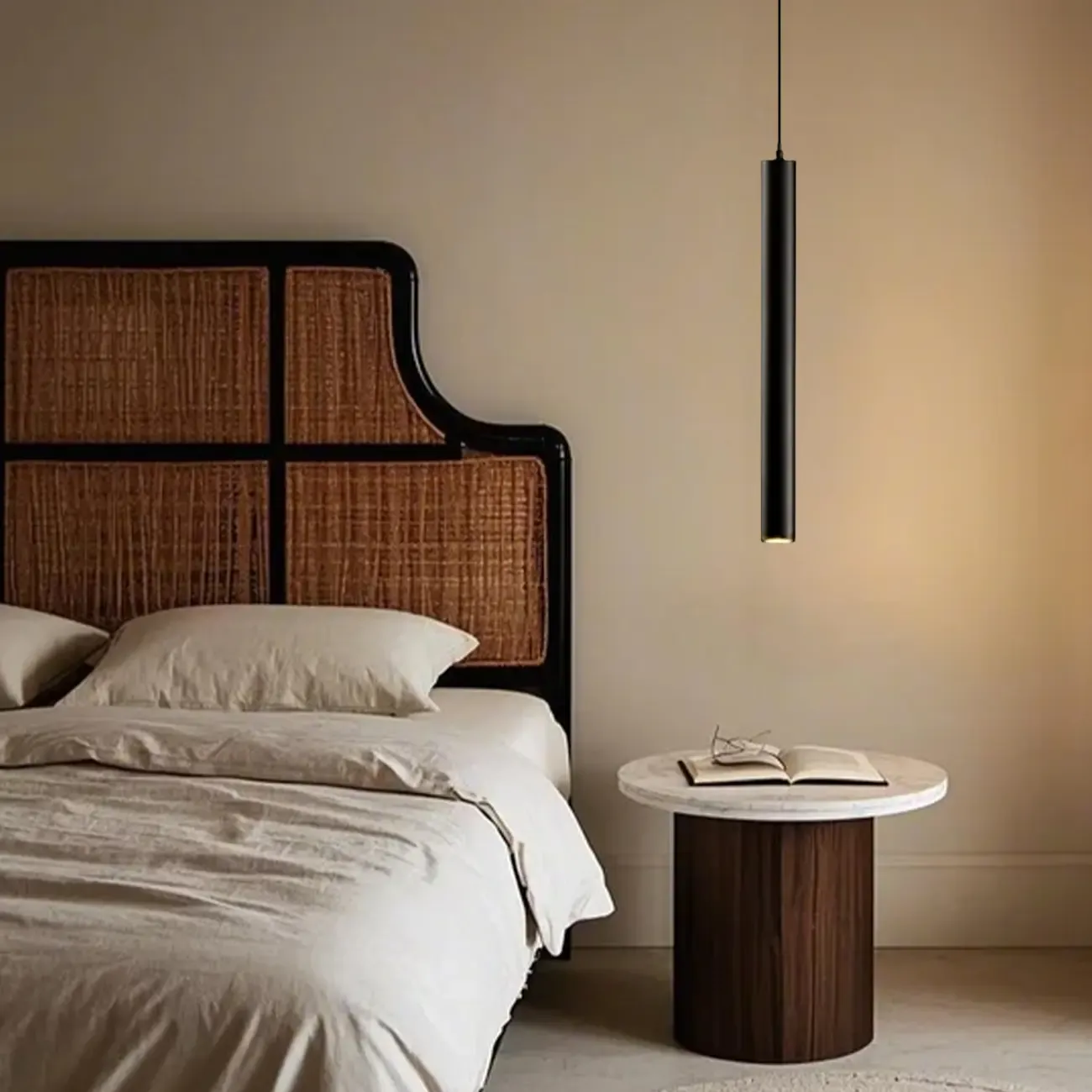 Sleek Long Tube Black Aluminum Pendant Light for Bedside