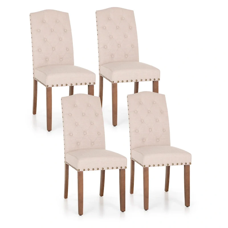 Set of 4 Upholstered Faux Leather/Fabric Dining Room Chairs with High Back and Solid Wood Legs