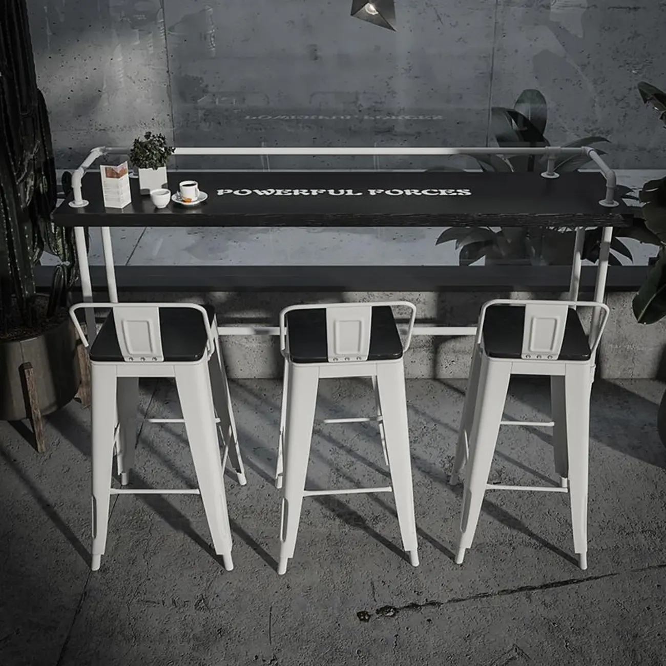 Rectangular Black Wood White Metal Four-Legged Bar Table Seat of 4