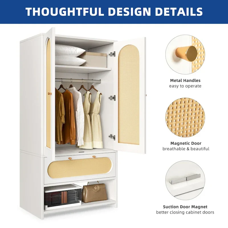 Moasis 70   Rattan Armoire Bedroom Wardrobe with Drawer & Hanging Rod