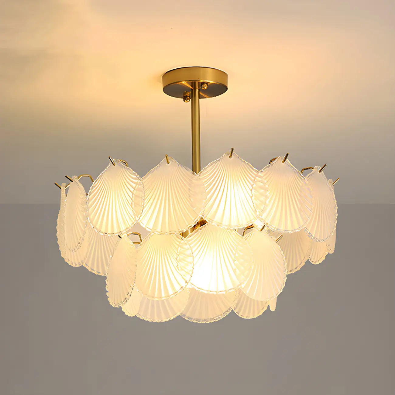 Adjustable Elegant Gold Unique Layered Scallop Glass Chandelier