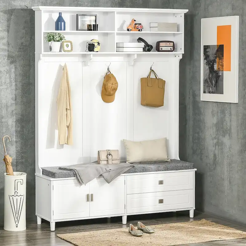 Modern Style Hall Tree with Storage, Free-Standing Clothing Rack with Storage Bench and Storage Cabinet and Drawers