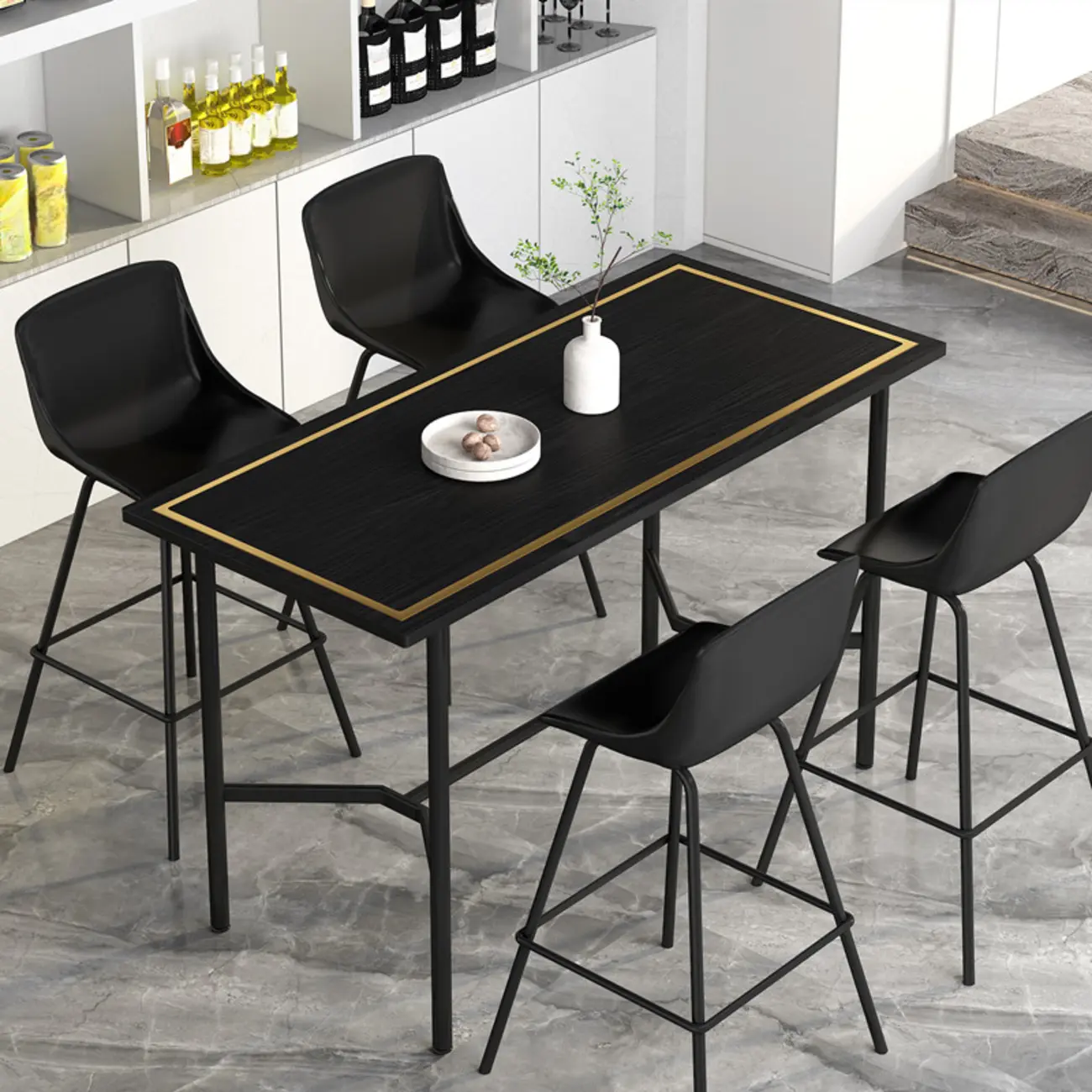 Luxurious Black-Gold Wooden Rectangular Top Bar Tables