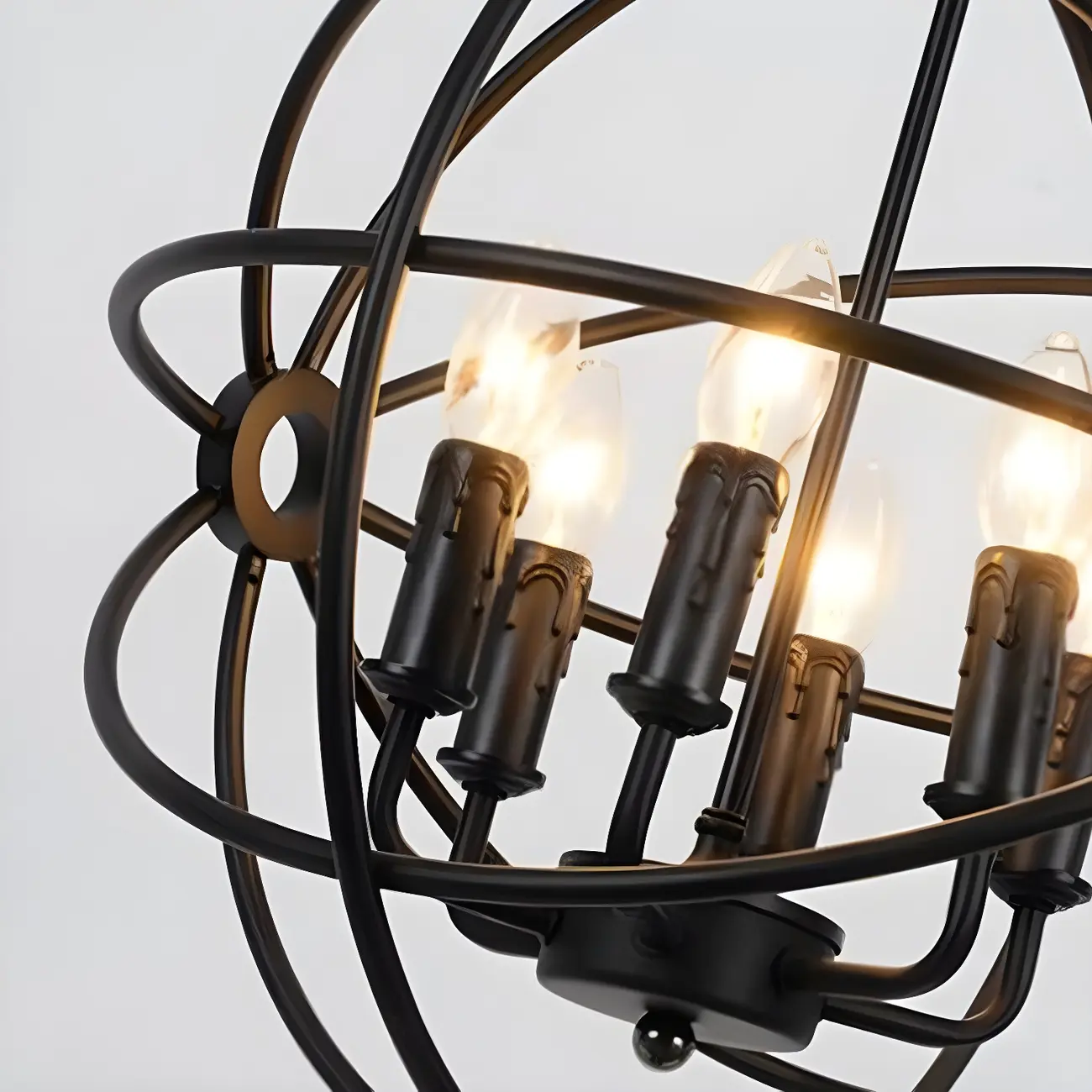Industrial Black Metal Globe Caged Candelabra Chandelier
