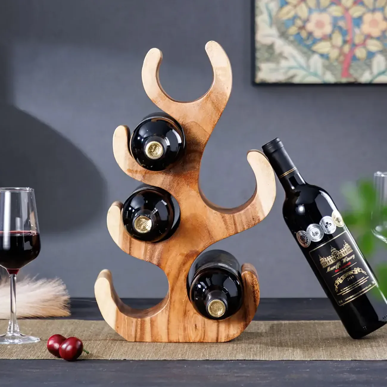 Solid Wood Tree Design Handcraftd Wine Rack Table Top
