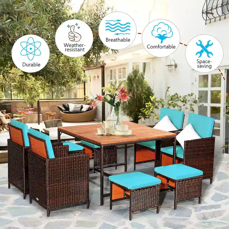 Costway 9PCS Patio Rattan Dining Set Cushioned Chairs Ottoman Wood - See Details