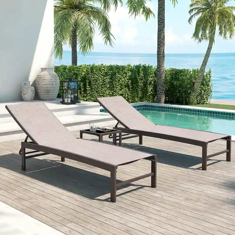 Outdoor Patio Aluminum Adjustable Lounge Chairs and Side Table Set 3-piece