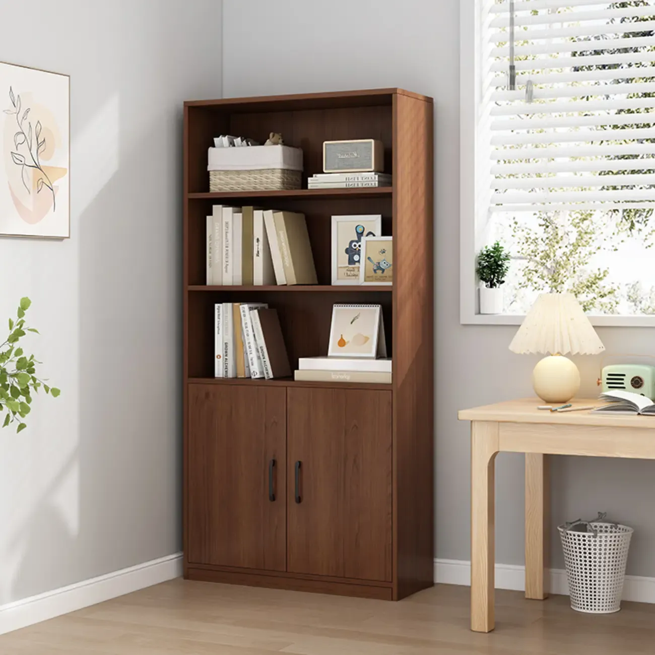Narrow Modern Nut-Brown Wooden 3-Shelf Bookcase with Cabinet