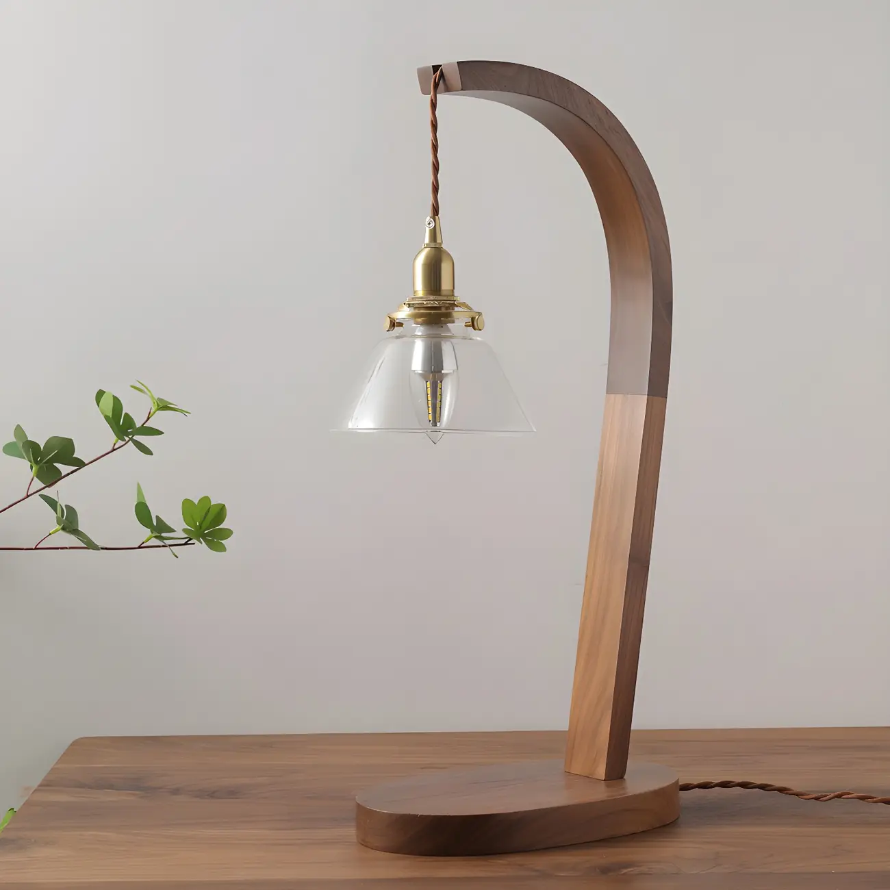 Retro Brown Gold Glass Wood Base Arched Table Lamp