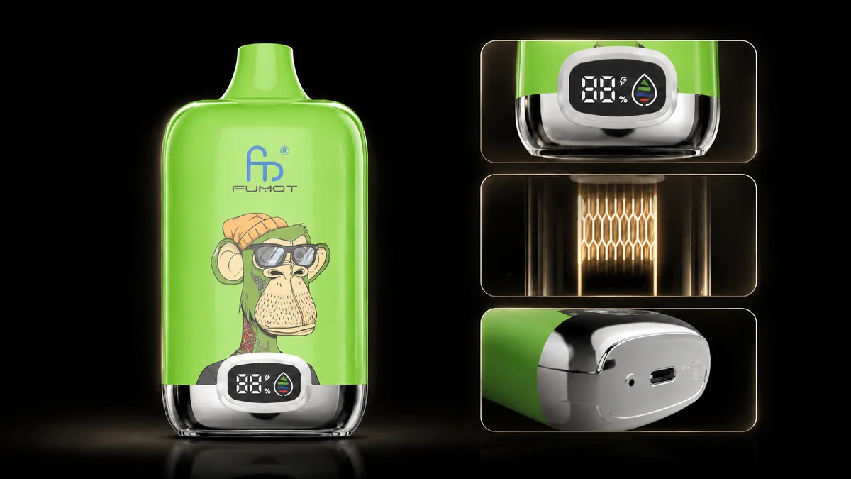 Fumot Digital Box 12000 Apple Cinnamon Vape Funktionsdetails mit Display, Mesh Coil und Ladeanschluss