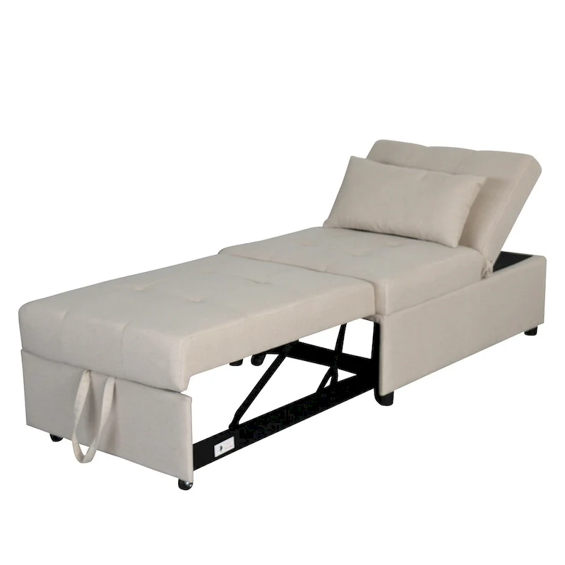 Beige Single Folding Ottoman Sofa Bed with Adjustable Back