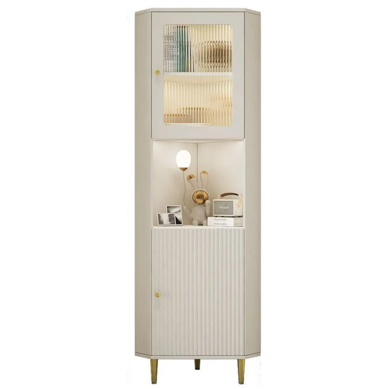 Modern Gold Beige Wood Corner Utility Cabinet with Lighting