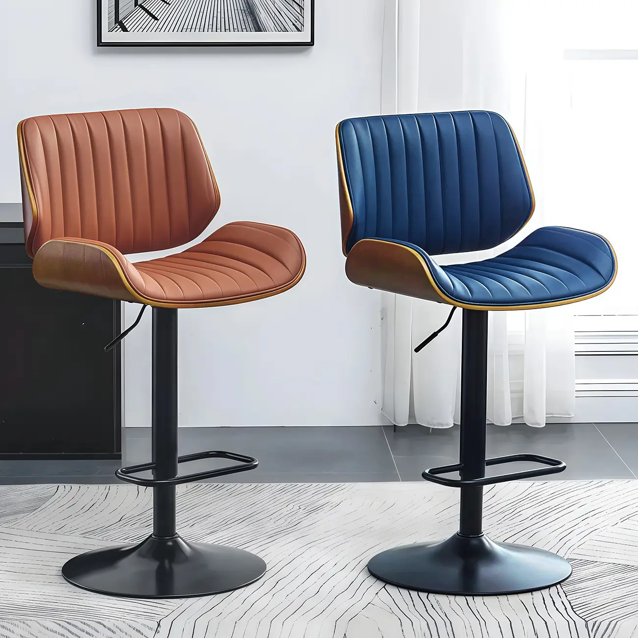 Elegant Wood Leather Red Swivel Adjustable Bar Stool