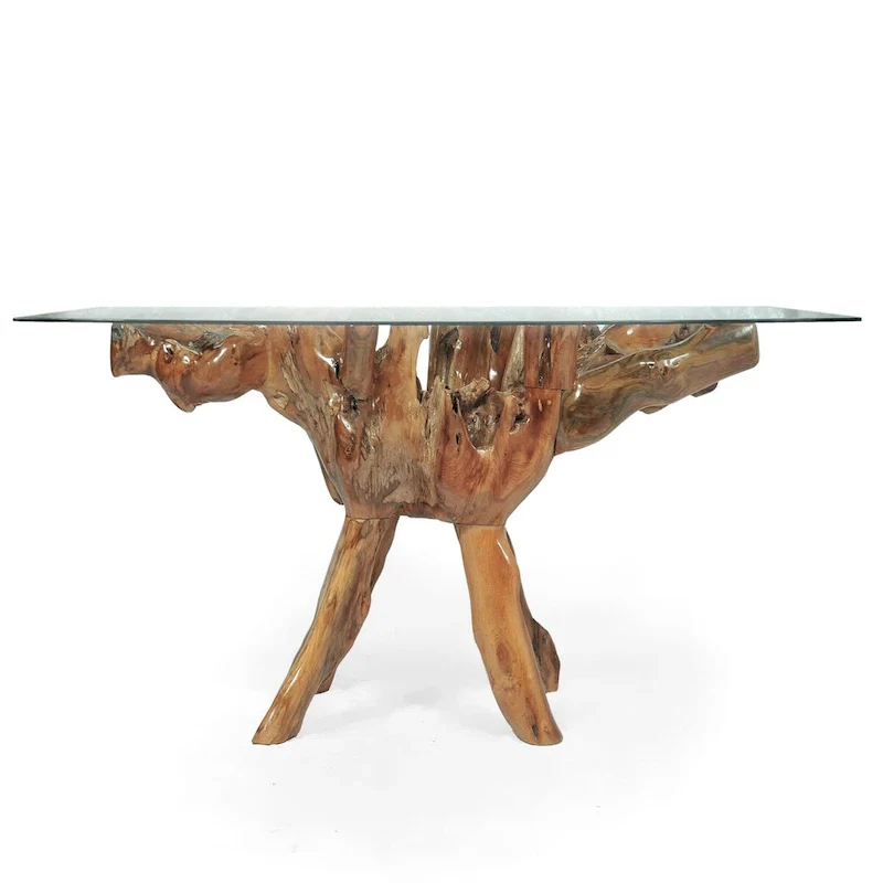 Teak Wood Root Dining Table with 43 inch Square Glass Top
