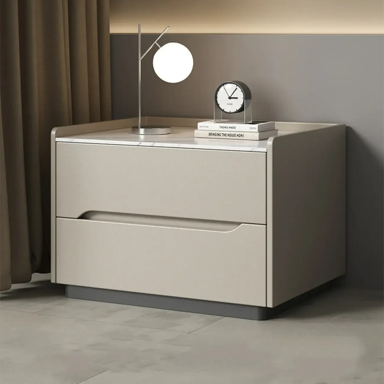 Modern Khaki Leather Stone Top 2-Drawer Nightstand