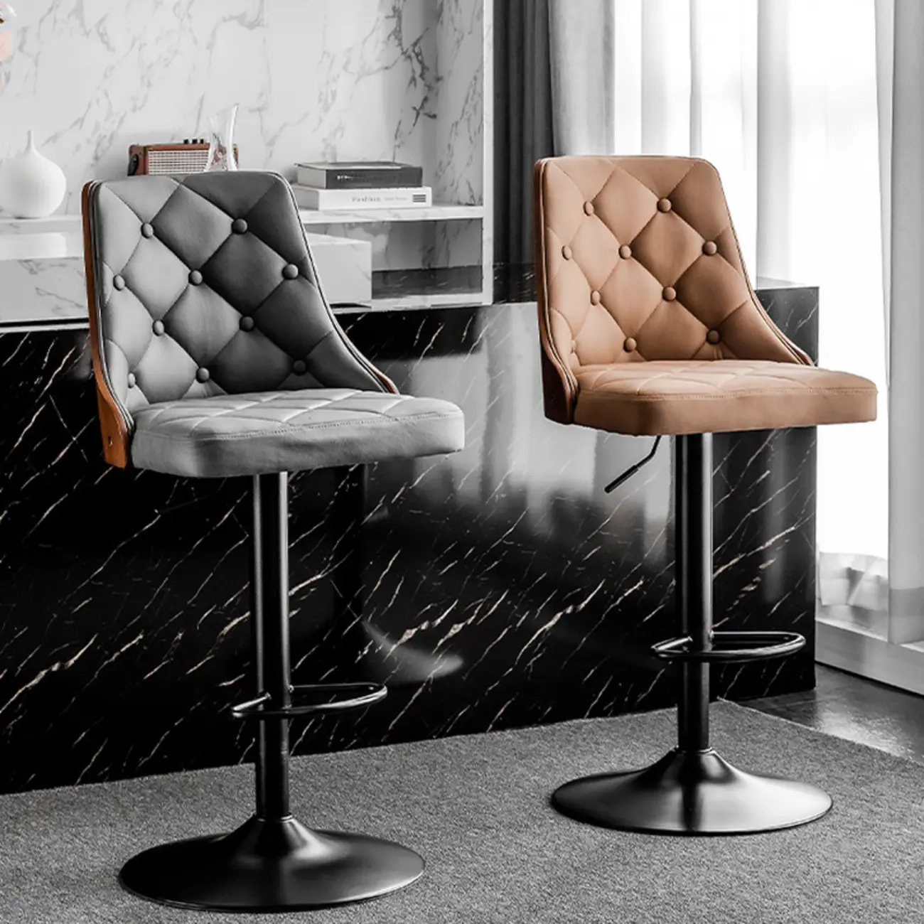 Modern Adjustable Full Back Tufted Leather Bar Stool