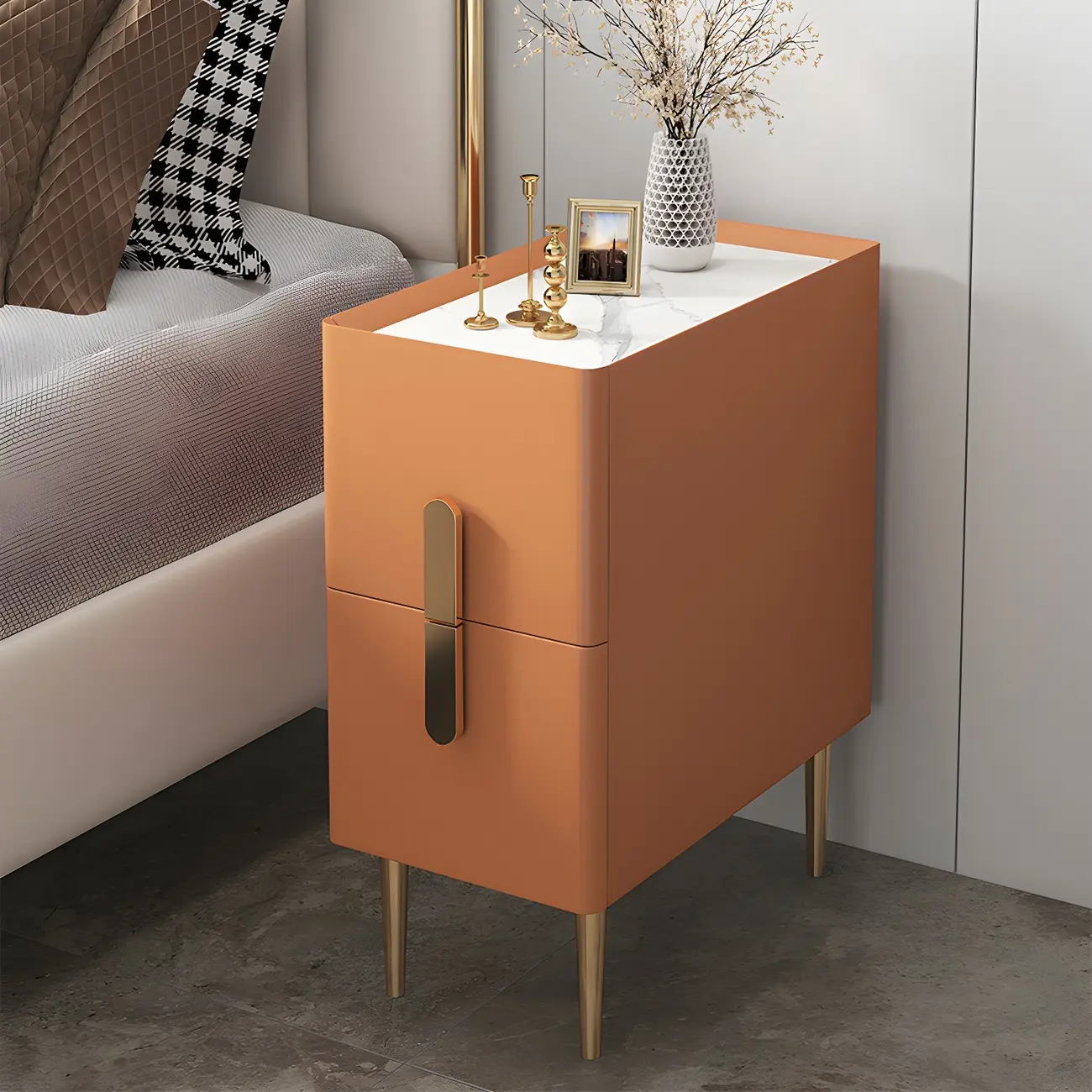 Modern Stone Countertop Faux Leather Nightstand with 2 Drawers