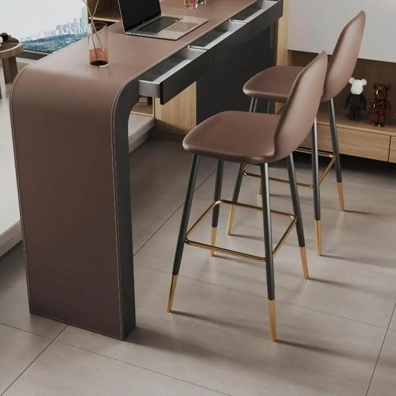 Modern Brown Leather Wooden Curved Bar Tables with 3 Drawers