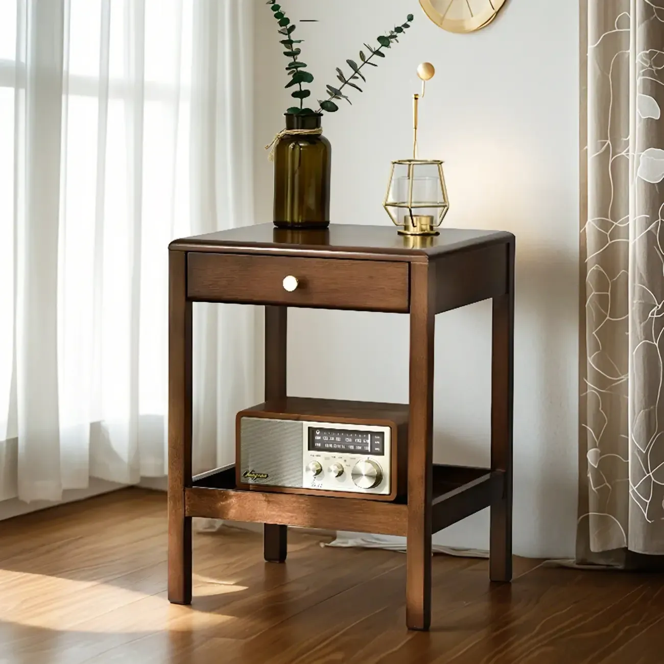 Retro Wooden Brown Side Table with Drawer for Bedroom
