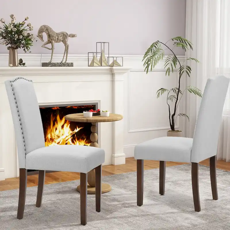 Dining Chairs Set of 2, Upholstered Dining Room Chairs Fabric Kitchen Chairs with Solid Wood Frame and Nailhead Trim