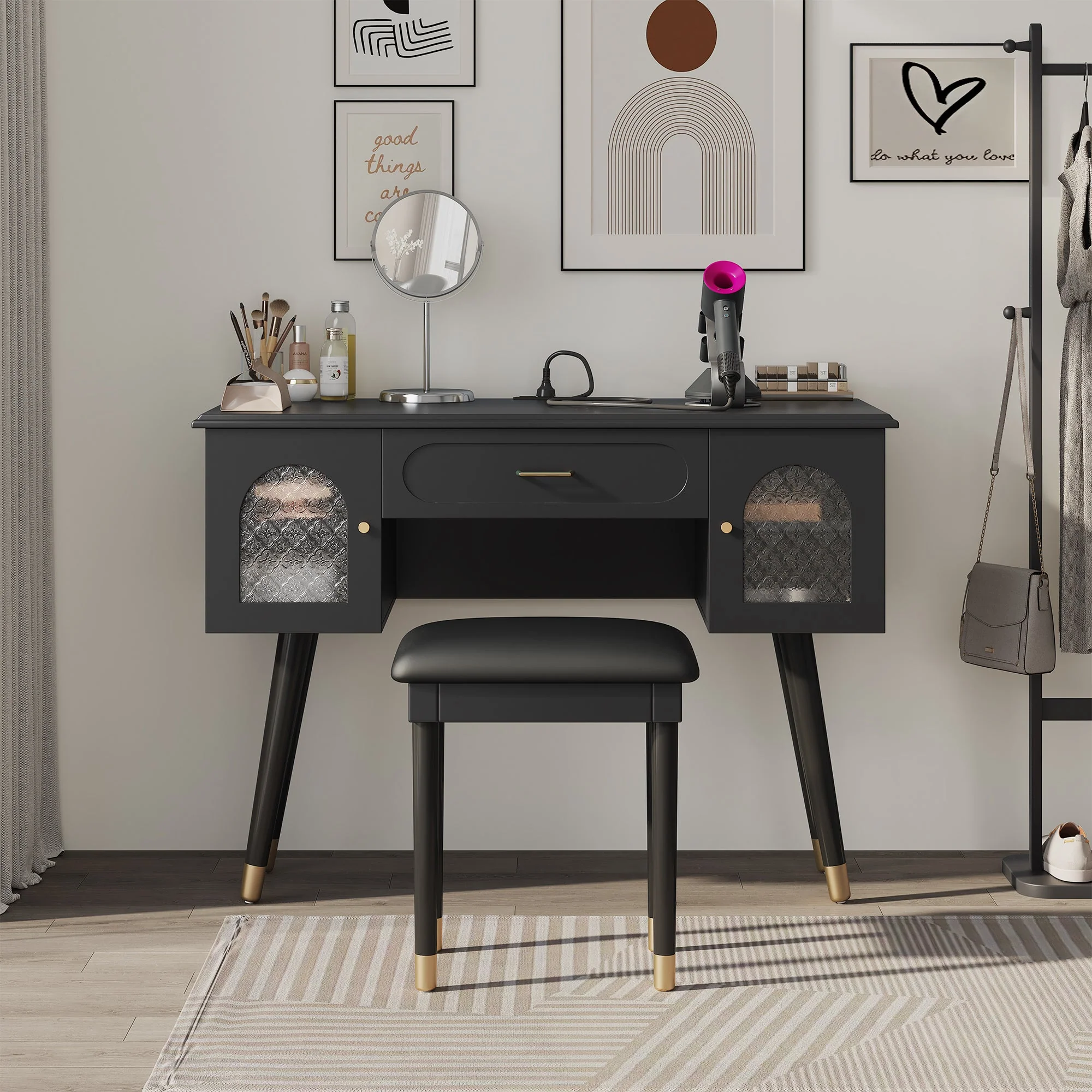 Walker Edison | Modern Vanity Makeup Table & Chair Set and Writing Desk