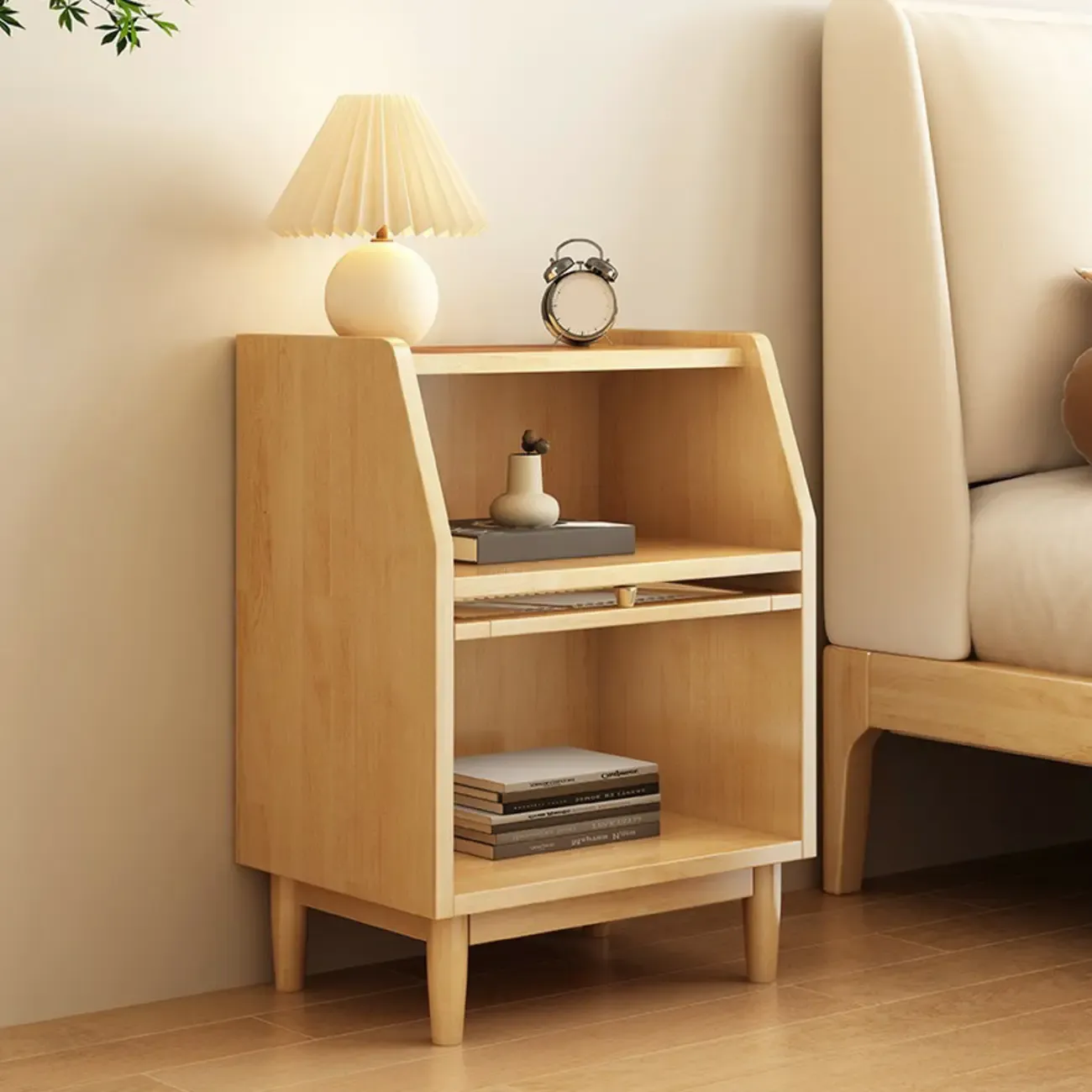 Scandinavian Natural Finish Flip-up Solid Wood Nightstand