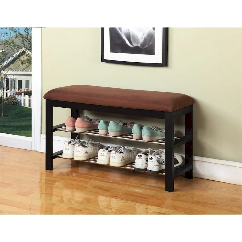 Roundhill Furniture Dark Espresso Wood Shoe Bench with Chocolate Microfiber Seat
