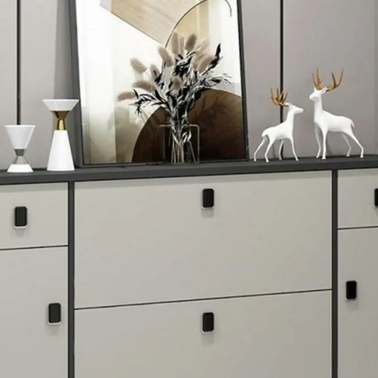 Narrow Black-White Solid Wood Drop Front Shoe Cabinet