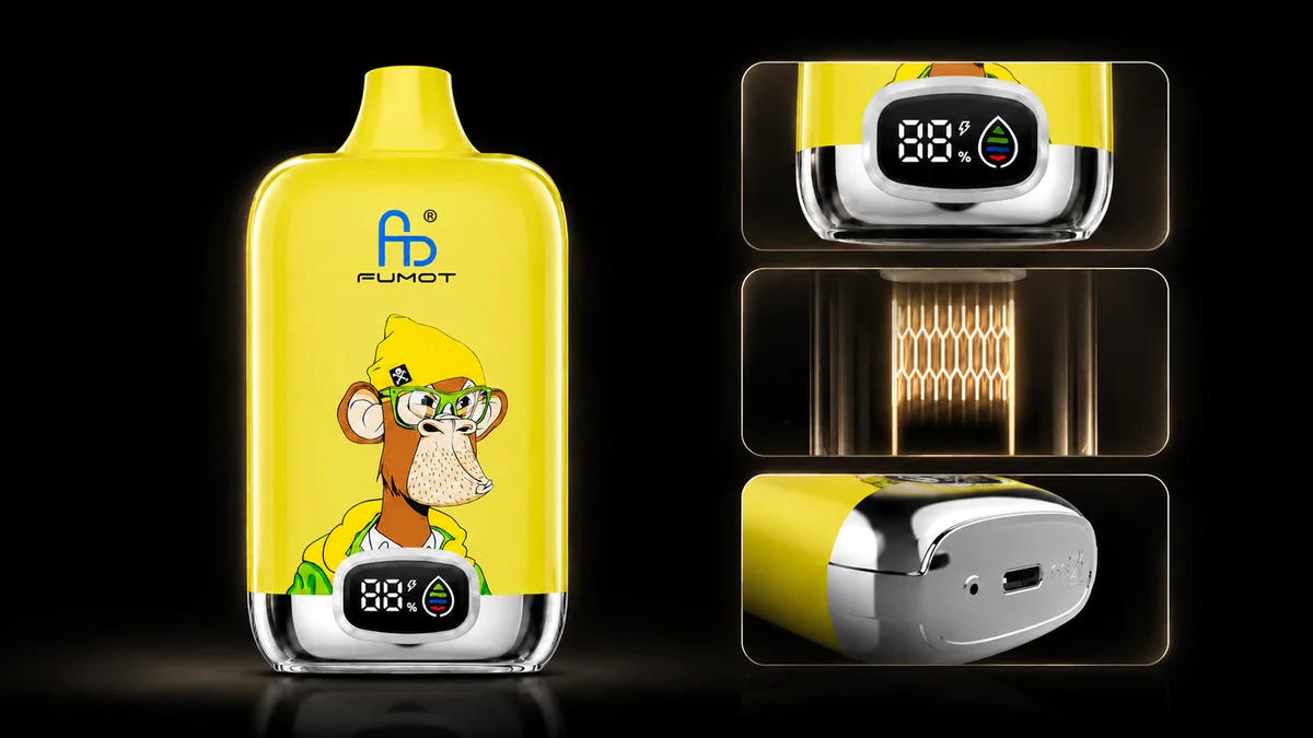 Fumot Digital Box 12000 Ribena Gummy Lemon Vape Funktionsdetails mit Display, Mesh Coil und Ladeanschluss
