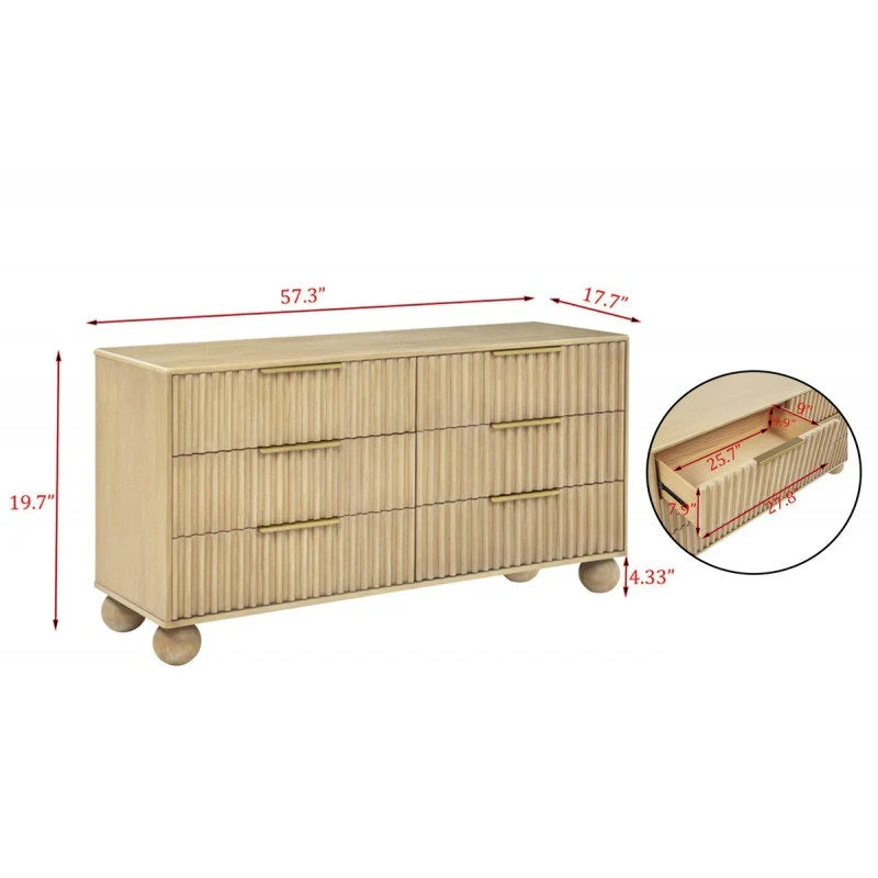 Modern Minimalist 6 Drawer Dresser with Fluted Panels and Rounded Legs