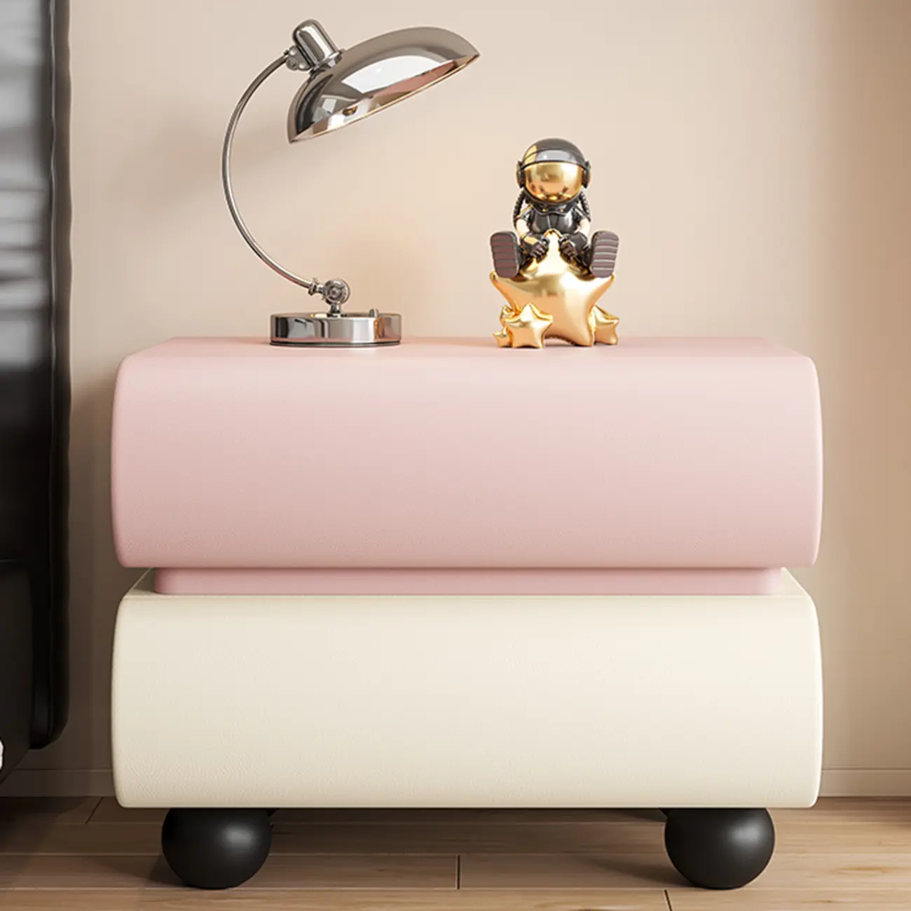 Stylish Black Unique Rounded Wooden Bedside Nightstand