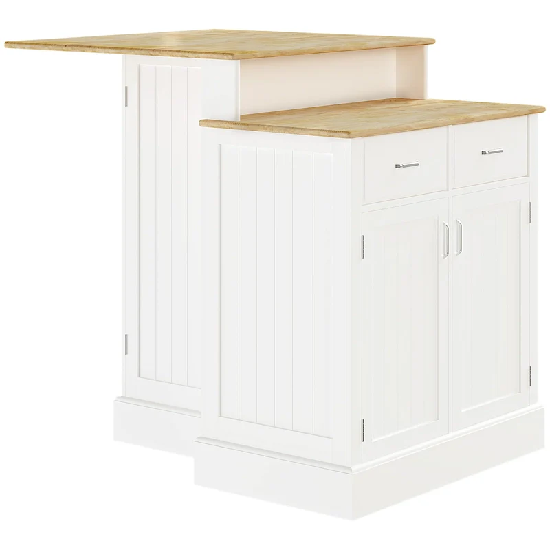 Kitchen Island with Storage Cabinet and 2-Level Rubber Wood Tabletop, Island Table with Adjustable Shelves and Drawers
