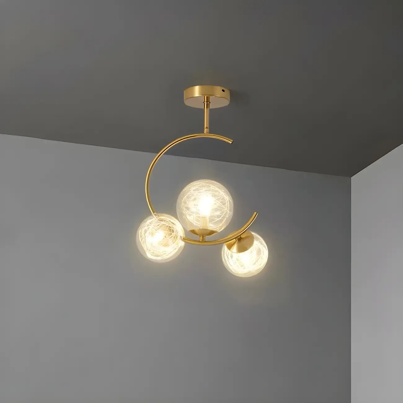 Modern Globe Glass Metal Gold Semi Flush Ceiling Light