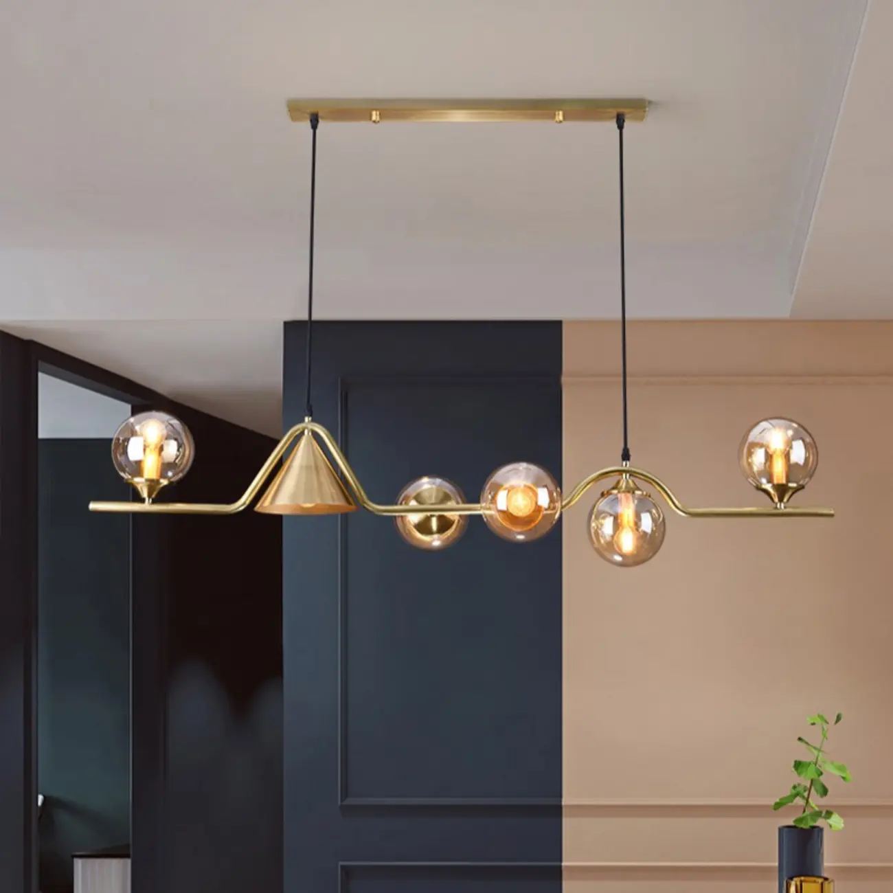 Dining Area Modern Brass Glass LED Island Pendant Light