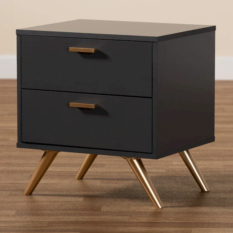 Kelson Modern Dark Grey and Gold Finished Wood 2-Drawer Nightstand