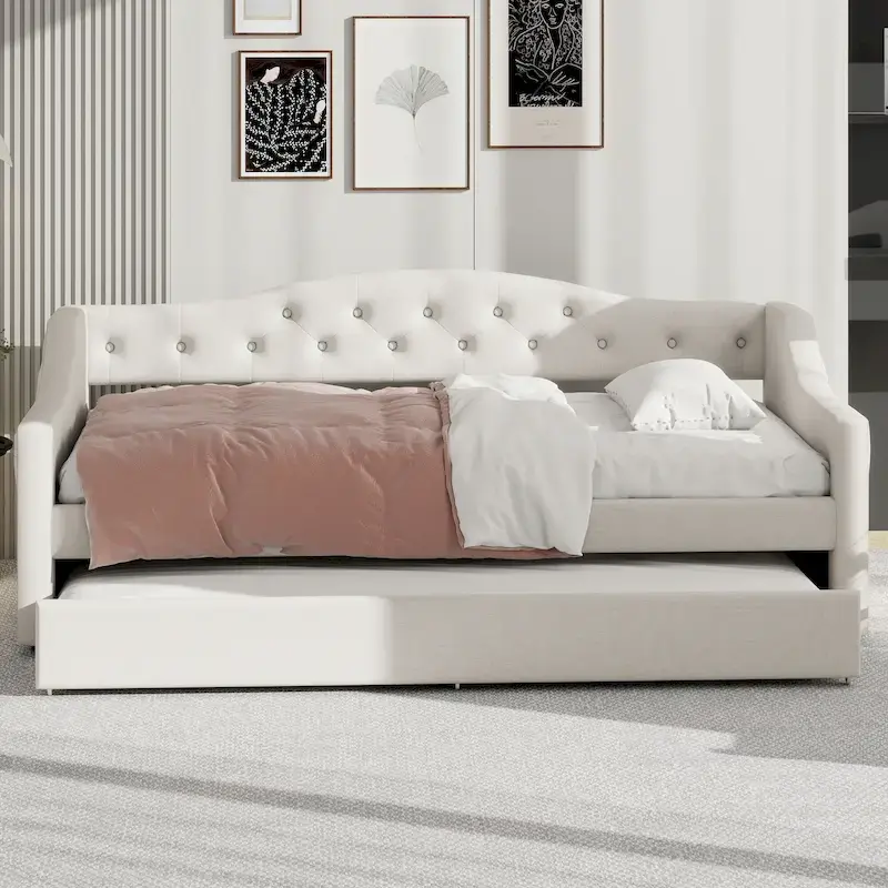 Upholstered Twin XL Size Daybed with LED Belt and Trundle, Gray