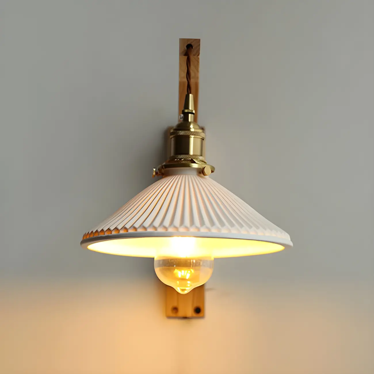 Rustic Wood Brass White Adjustable Swing Arm Wall Light