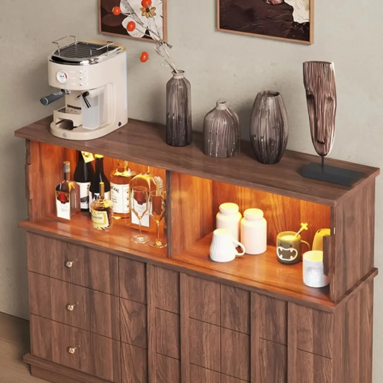 Modern Nut-brown Freestanding Wood Wine Bar Cabinet