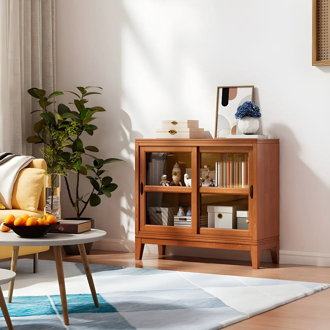 Adjustable Wood Glass Display Cabinet with Sliding Doors