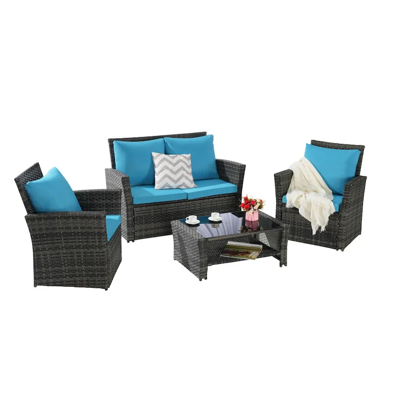 4-Piece Rattan Conversation Sofa Set with Glass Table