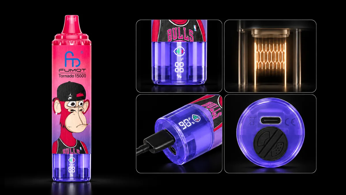 FUMOT Tornado 15000 Bluesour Raspberry – Detailansichten von Display, Heizsystem, USB-C-Anschluss und Luftregulierung