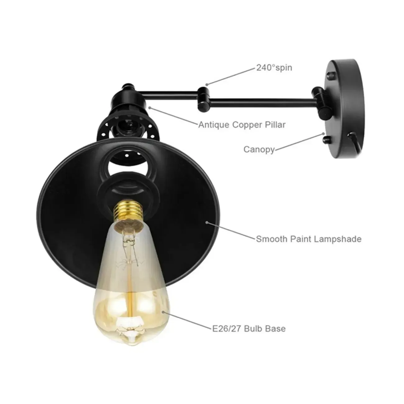 Washroom Stretchable Metal Cone Black Plug-In Vanity Light