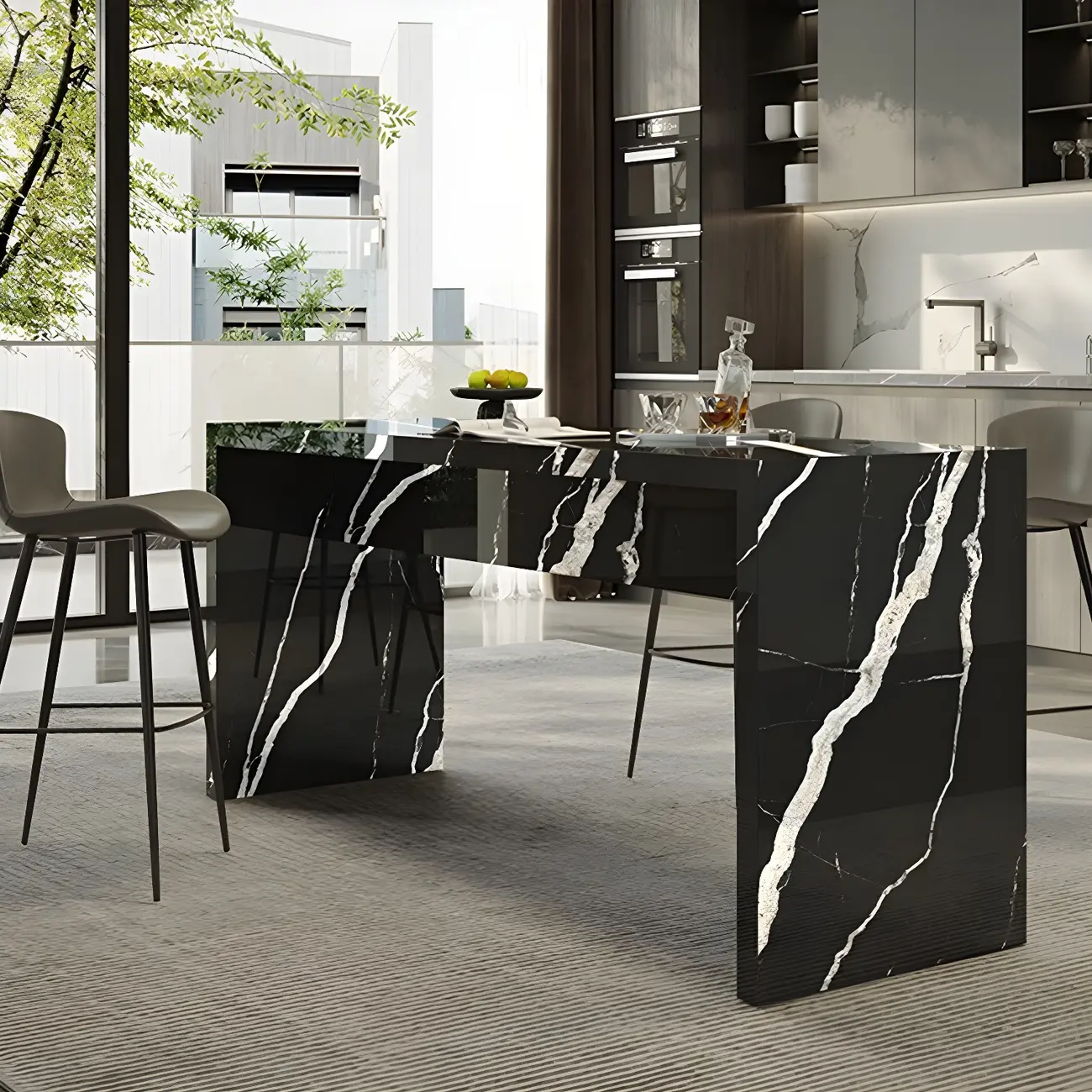 Elegant Black Marble Double Pedestal Bar Table