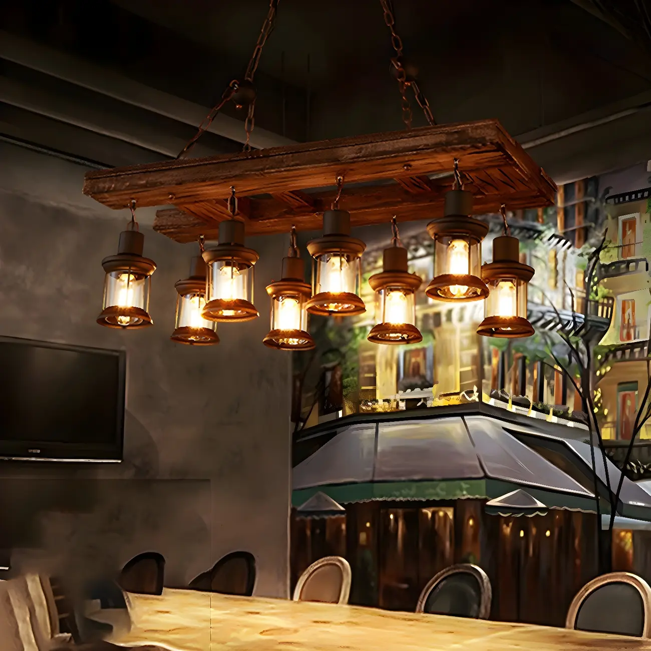 Industrial Farmhouse Metal Wood Rectangular Chandelier